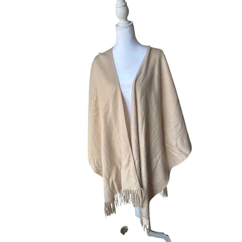 Brooks Brothers 346 Cream Wool Cashmere Fringe Open-Front Wrap  Poncho Shawl